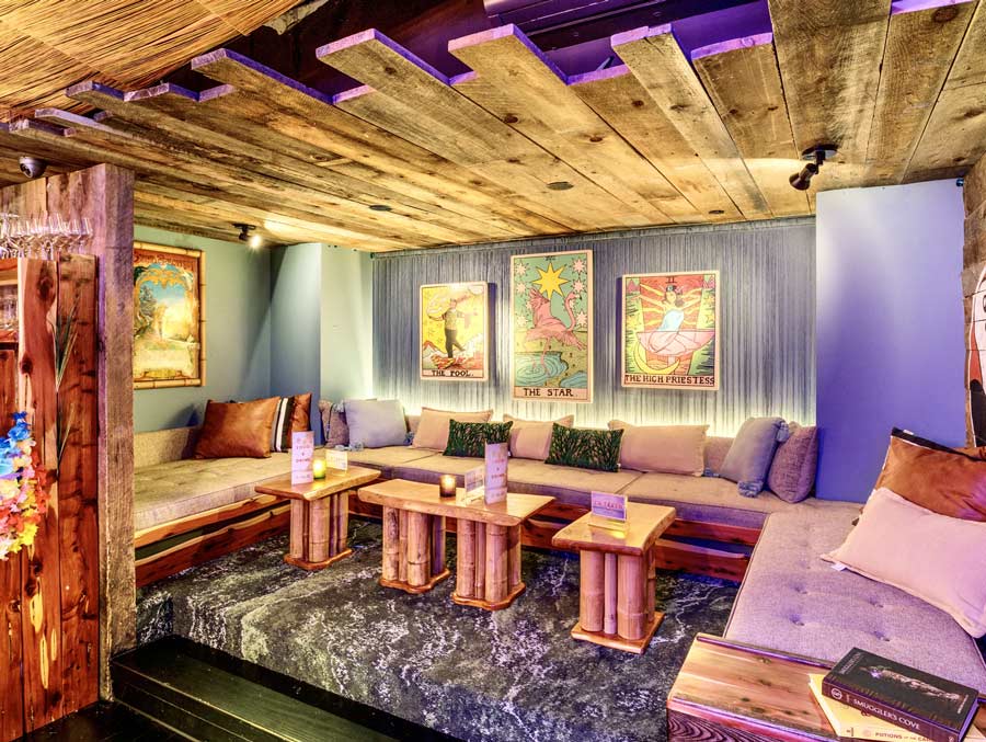 Cozy sitting area at a Tiki Bar in New York City NYC.