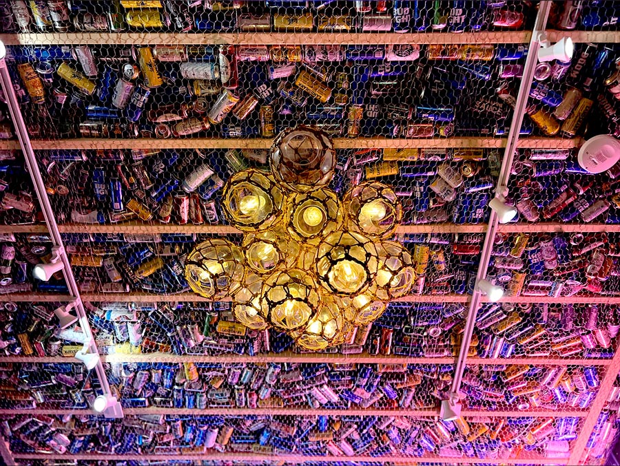 Ceiling of empty drink cans at a Tiki Bar in New York City NYC.