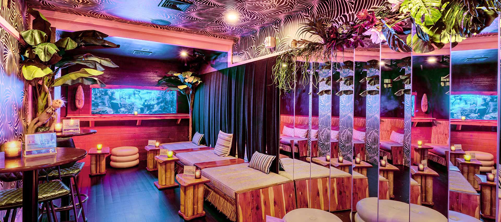 Vibrant and fun Tiki Bar table area in New York City NYC.